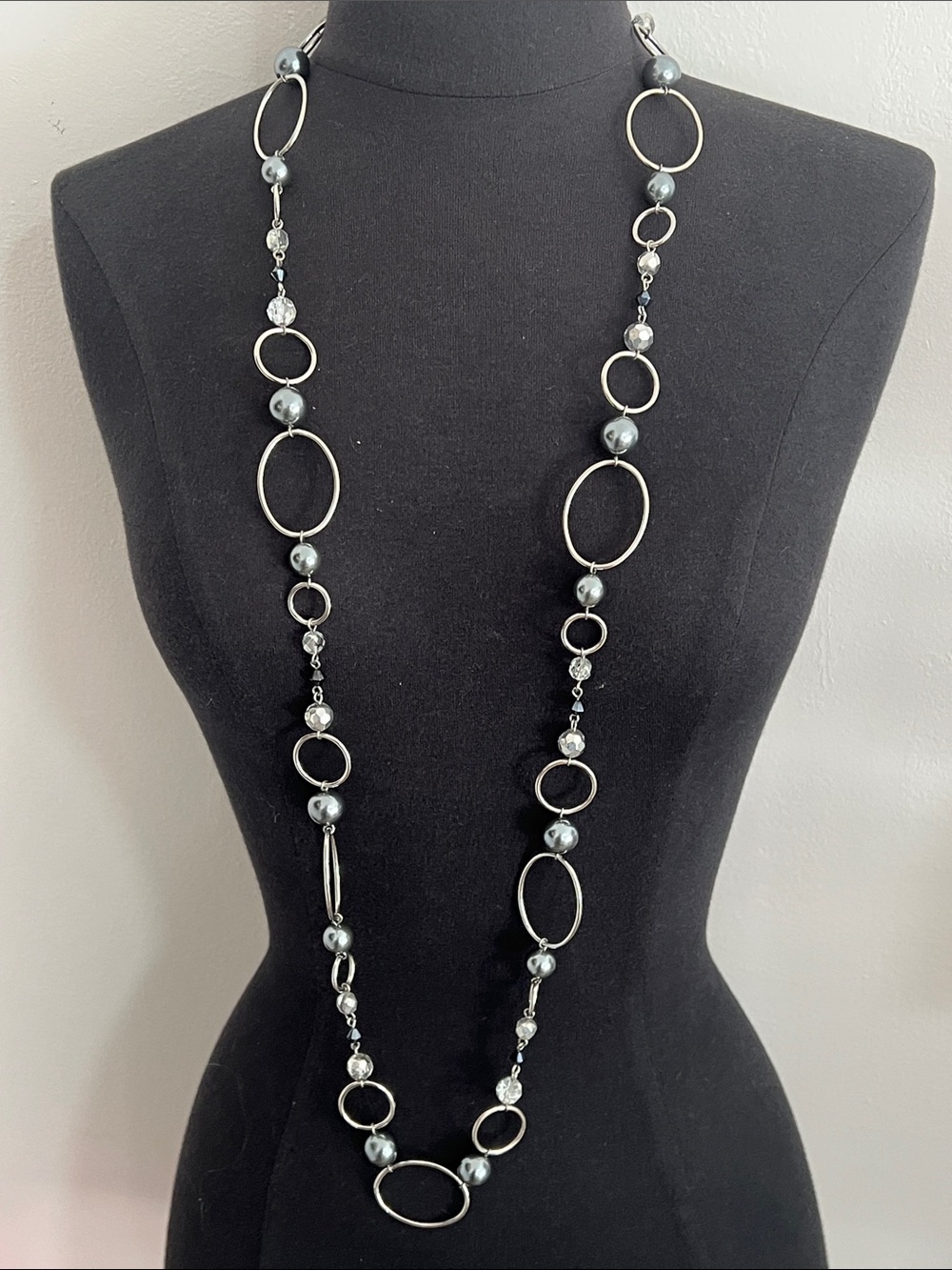 Lia Sophia Long Silver and Gray Beaded Link Necklace